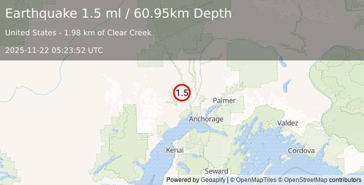 Earthquake 33 km NW of Susitna, Alaska (1.5 ml) (2025-11-22 05:23:52 UTC)