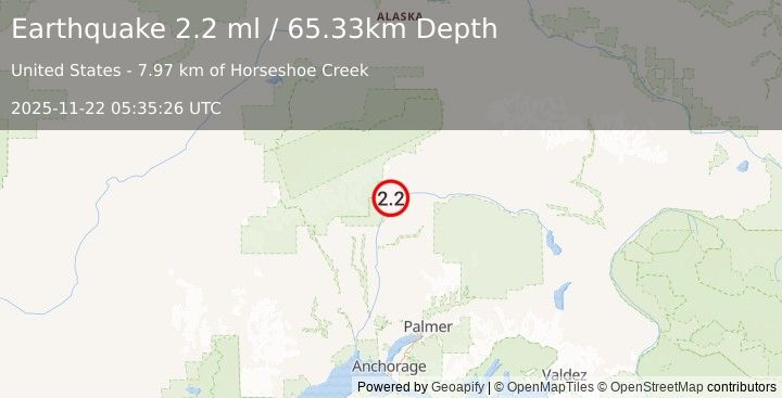 Earthquake 41 km NNE of Chase, Alaska (2.2 ml) (2025-11-22 05:35:26 UTC)