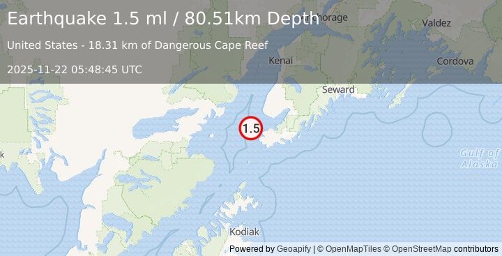 Earthquake 21 km NW of Nanwalek, Alaska (1.5 ml) (2025-11-22 05:48:45 UTC)