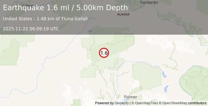 Earthquake 52 km SSE of Denali National Park, Alaska (1.6 ml) (2025-11-22 06:09:19 UTC)