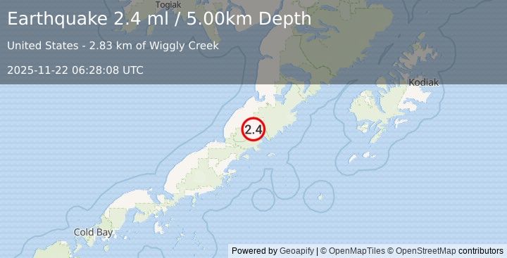 Earthquake 60 km SSW of Ugashik, Alaska (2.4 ml) (2025-11-22 06:28:08 UTC)