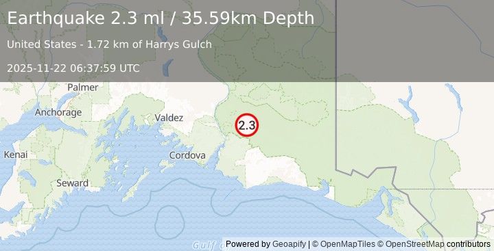 Earthquake 64 km SSE of Chitina, Alaska (2.3 ml) (2025-11-22 06:37:59 UTC)