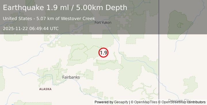 Earthquake 20 km WNW of Central, Alaska (1.9 ml) (2025-11-22 06:49:44 UTC)