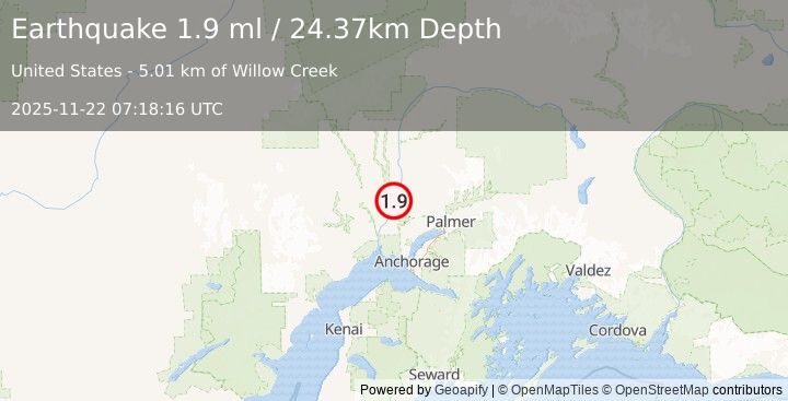 Earthquake 12 km WNW of Willow, Alaska (1.9 ml) (2025-11-22 07:18:16 UTC)