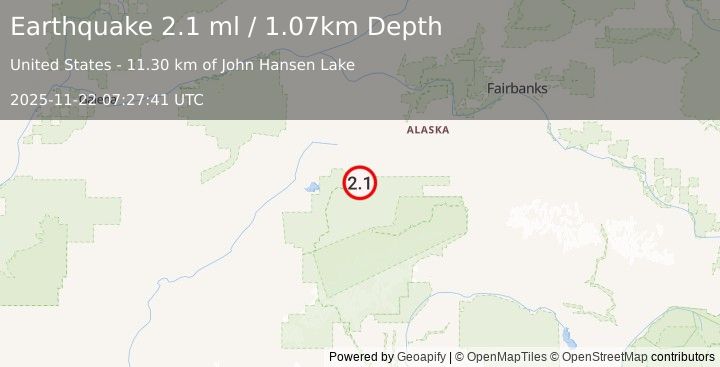 Earthquake 51 km NNE of Denali National Park, Alaska (2.1 ml) (2025-11-22 07:27:41 UTC)