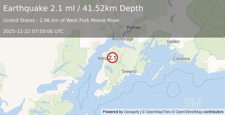 Earthquake 9 km ENE of Sterling, Alaska (2.1 ml) (2025-11-22 07:50:06 UTC)