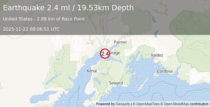 Earthquake 19 km W of Anchorage, Alaska (2.4 ml) (2025-11-22 08:06:51 UTC)