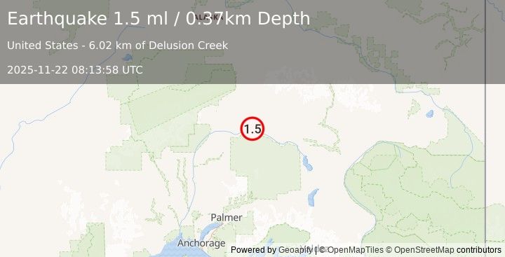 Earthquake 64 km SSE of Cantwell, Alaska (1.5 ml) (2025-11-22 08:13:58 UTC)