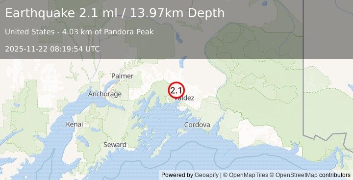 Earthquake 25 km NW of Valdez, Alaska (2.1 ml) (2025-11-22 08:19:54 UTC)