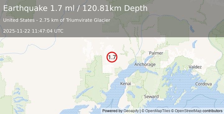 Earthquake 70 km WNW of Beluga, Alaska (1.7 ml) (2025-11-22 11:47:04 UTC)