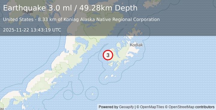 Earthquake 20 km S of Karluk, Alaska (3.0 ml) (2025-11-22 13:43:19 UTC)
