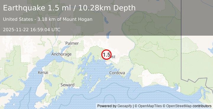 Earthquake 13 km NW of Valdez, Alaska (1.5 ml) (2025-11-22 16:59:04 UTC)