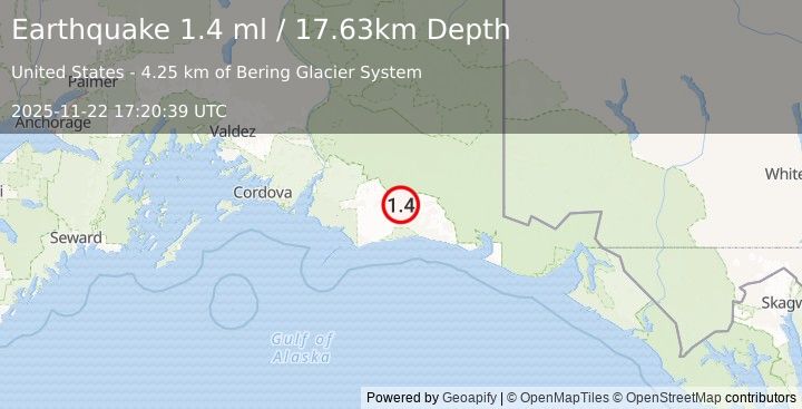Earthquake 112 km S of McCarthy, Alaska (1.4 ml) (2025-11-22 17:20:39 UTC)