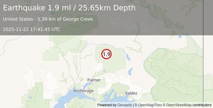Earthquake 80 km N of Chickaloon, Alaska (1.9 ml) (2025-11-22 17:41:45 UTC)