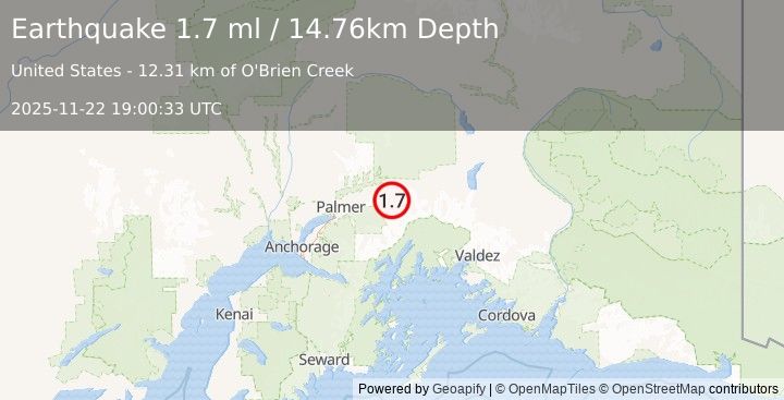 Earthquake 25 km SE of Chickaloon, Alaska (1.7 ml) (2025-11-22 19:00:33 UTC)