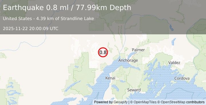 Earthquake 56 km NW of Beluga, Alaska (0.8 ml) (2025-11-22 20:00:09 UTC)