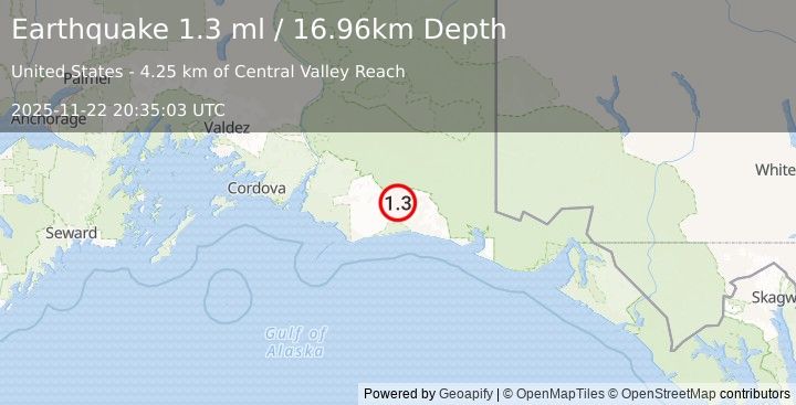 Earthquake 115 km S of McCarthy, Alaska (1.3 ml) (2025-11-22 20:35:03 UTC)