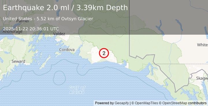 Earthquake 113 km S of McCarthy, Alaska (2.0 ml) (2025-11-22 20:36:01 UTC)