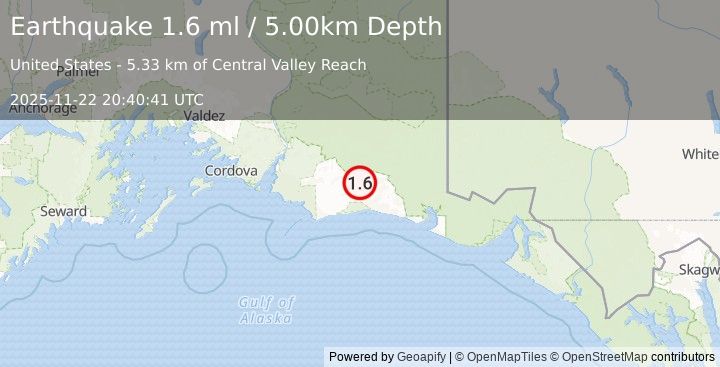 Earthquake 115 km S of McCarthy, Alaska (1.6 ml) (2025-11-22 20:40:41 UTC)
