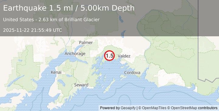 Earthquake 50 km NW of Tatitlek, Alaska (1.5 ml) (2025-11-22 21:55:49 UTC)
