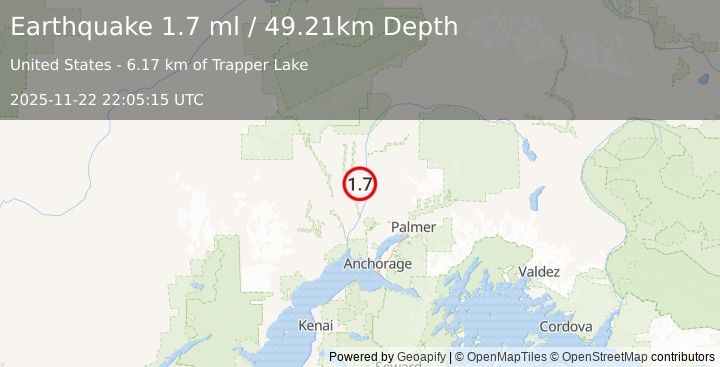Earthquake 25 km WSW of Susitna North, Alaska (1.7 ml) (2025-11-22 22:05:15 UTC)