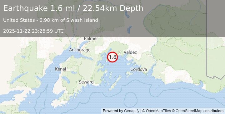 Earthquake 51 km WNW of Tatitlek, Alaska (1.6 ml) (2025-11-22 23:26:59 UTC)