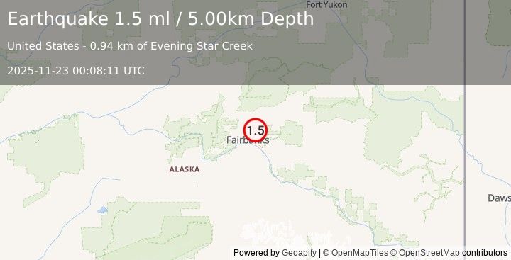 Earthquake 6 km E of Fox, Alaska (1.5 ml) (2025-11-23 00:08:11 UTC)