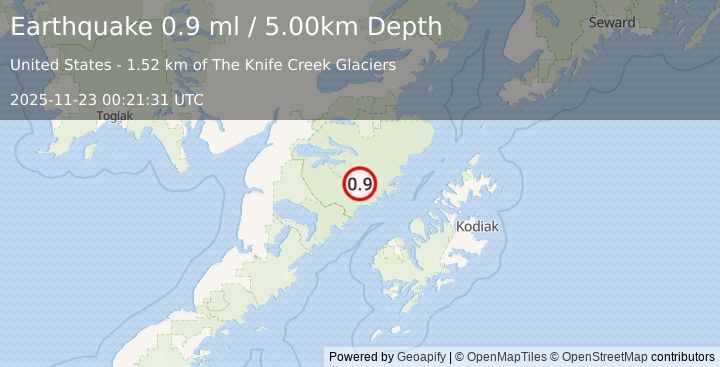 Earthquake 85 km NNW of Karluk, Alaska (0.9 ml) (2025-11-23 00:21:31 UTC)