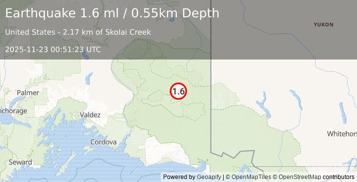 Earthquake 34 km NE of McCarthy, Alaska (1.6 ml) (2025-11-23 00:51:23 UTC)