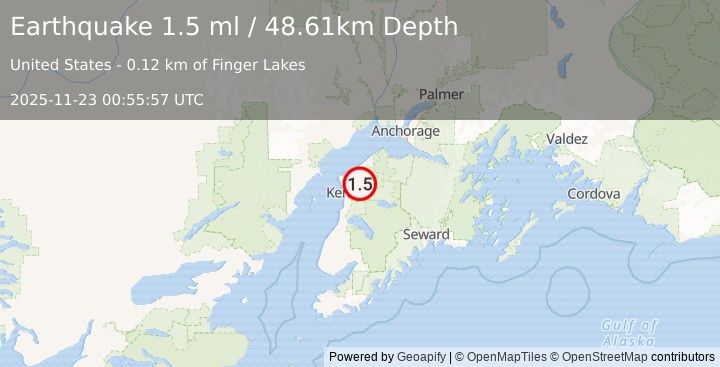 Earthquake 14 km NNW of Sterling, Alaska (1.5 ml) (2025-11-23 00:55:57 UTC)