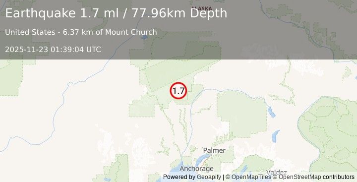 Earthquake 36 km N of Petersville, Alaska (1.7 ml) (2025-11-23 01:39:04 UTC)