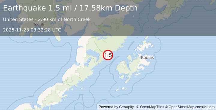 Earthquake 60 km NW of Karluk, Alaska (1.5 ml) (2025-11-23 03:32:28 UTC)