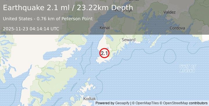 Earthquake 2 km WSW of Halibut Cove, Alaska (2.1 ml) (2025-11-23 04:14:14 UTC)