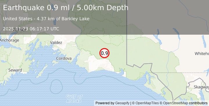 Earthquake 78 km S of McCarthy, Alaska (0.9 ml) (2025-11-23 06:17:17 UTC)