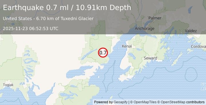 Earthquake 68 km E of Port Alsworth, Alaska (0.7 ml) (2025-11-23 06:52:53 UTC)