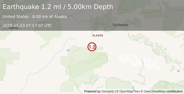 Earthquake 51 km W of Ferry, Alaska (1.2 ml) (2025-11-23 07:57:07 UTC)