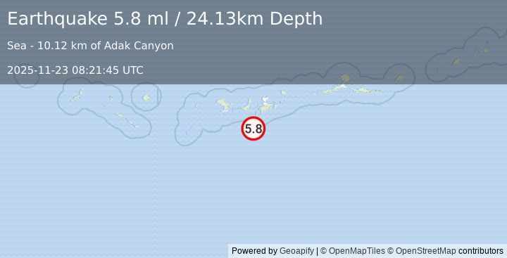 Earthquake 65 km SSW of Adak, Alaska (5.8 ml) (2025-11-23 08:21:45 UTC)