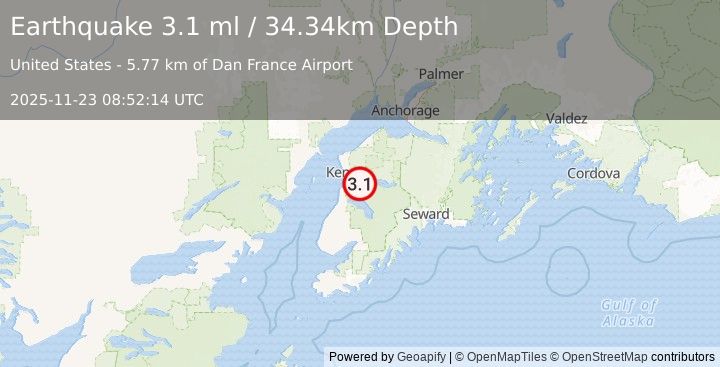 Earthquake 10 km SW of Funny River, Alaska (3.1 ml) (2025-11-23 08:52:14 UTC)