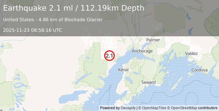Earthquake 60 km W of Tyonek, Alaska (2.1 ml) (2025-11-23 08:58:16 UTC)
