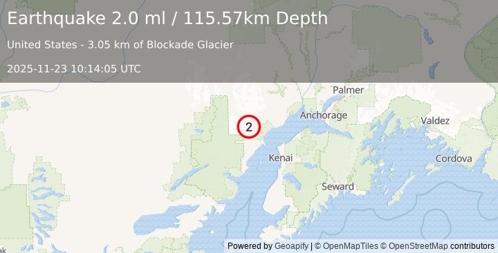 Earthquake 60 km W of Tyonek, Alaska (2.0 ml) (2025-11-23 10:14:05 UTC)