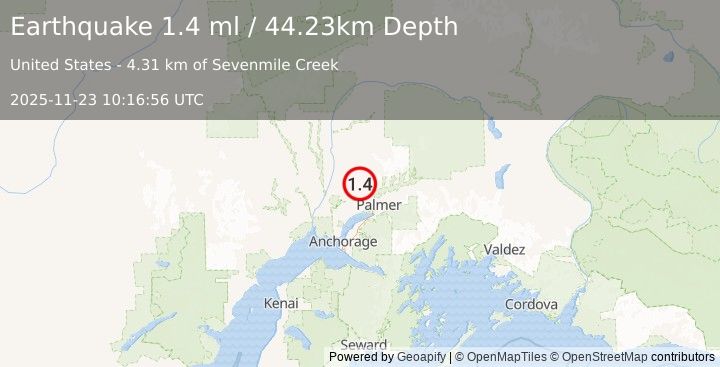 Earthquake 17 km WNW of Fishhook, Alaska (1.4 ml) (2025-11-23 10:16:56 UTC)
