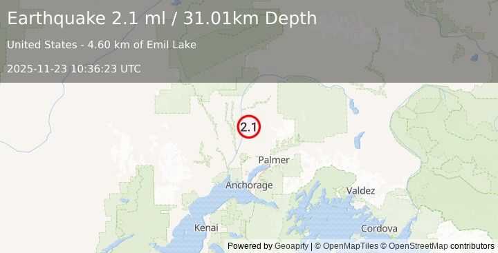 Earthquake 7 km SSW of Susitna North, Alaska (2.1 ml) (2025-11-23 10:36:23 UTC)