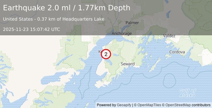 Earthquake 2 km S of Soldotna, Alaska (2.0 ml) (2025-11-23 15:07:42 UTC)