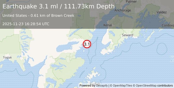 Earthquake 55 km ESE of Pedro Bay, Alaska (3.1 ml) (2025-11-23 16:28:54 UTC)