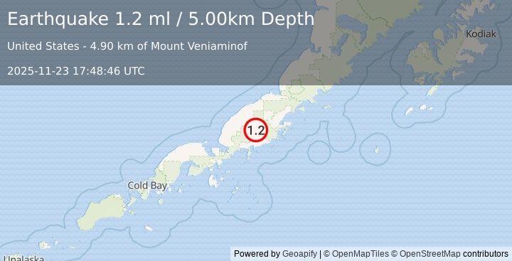 Earthquake 29 km NNE of Ivanof Bay, Alaska (1.2 ml) (2025-11-23 17:48:46 UTC)