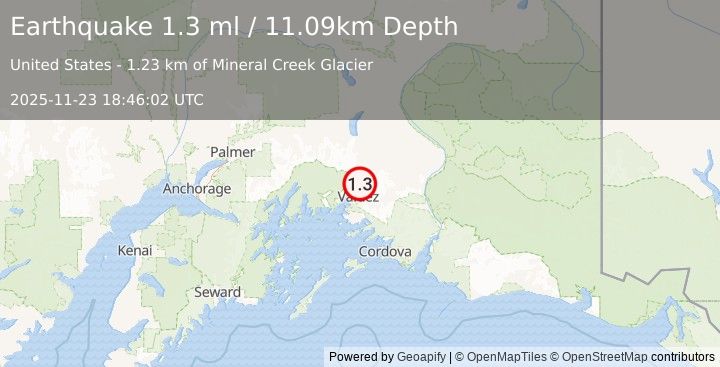 Earthquake 15 km N of Valdez, Alaska (1.3 ml) (2025-11-23 18:46:02 UTC)