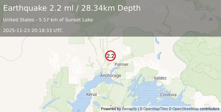 Earthquake 16 km NNE of Willow, Alaska (2.2 ml) (2025-11-23 20:18:33 UTC)