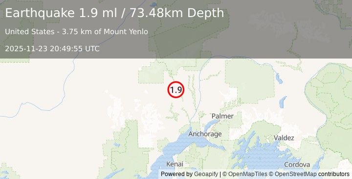 Earthquake 21 km NNE of Skwentna, Alaska (1.9 ml) (2025-11-23 20:49:55 UTC)