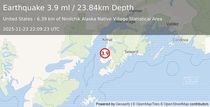 Earthquake 12 km ENE of Ninilchik, Alaska (3.6 ml) (2025-11-23 22:09:24 UTC)