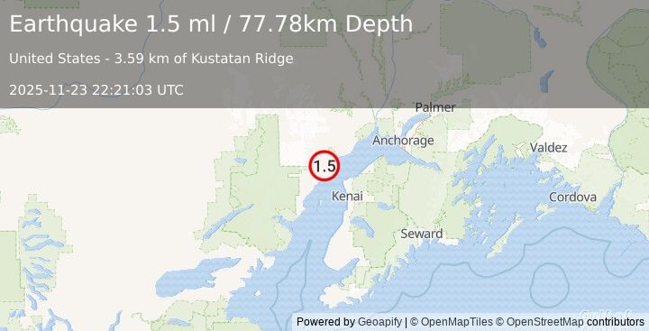 Earthquake 38 km NW of Nikiski, Alaska (2.0 ml) (2025-11-23 22:21:04 UTC)